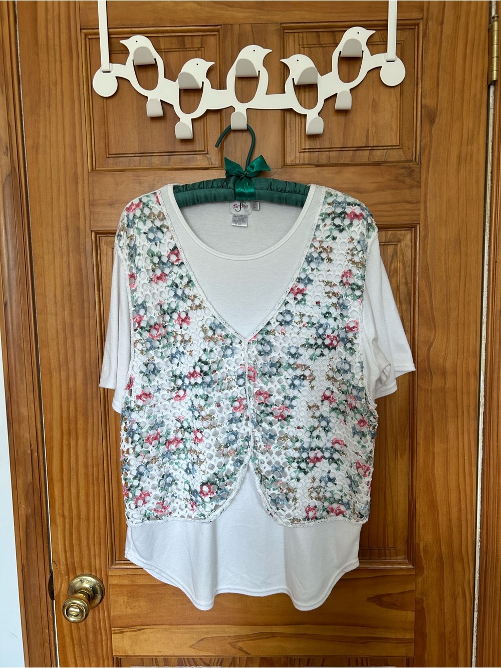 Vintage White Tee with Floral Knit Vest like Overlay